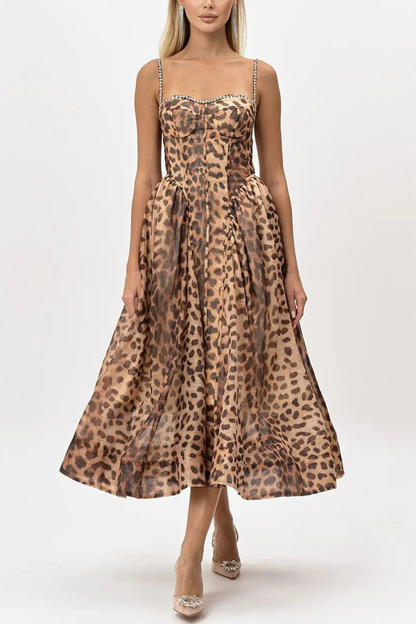 Jessika Leopard Print Rhinestone Trim Back Smocked Pocket Slip Midi Dress
