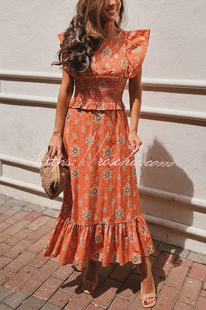 Emilia Unique Print Flutter Sleeve Smocked Top and Elastic Waist Maxi Skirt Set