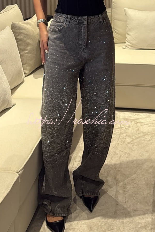 Fashion Star Rhinestone High Rise Casual Pocket Straight Loose Jeans