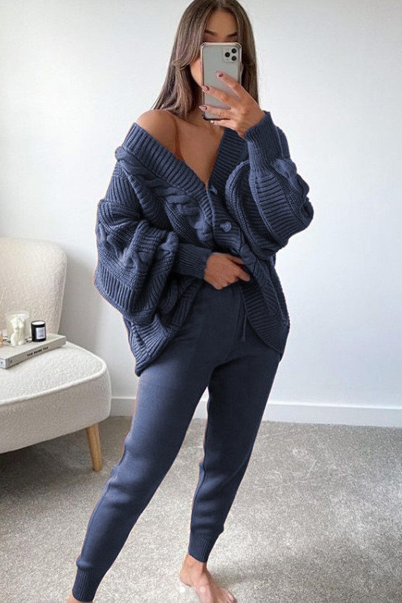 Cable Knit Cardigan Pencil Pants Set