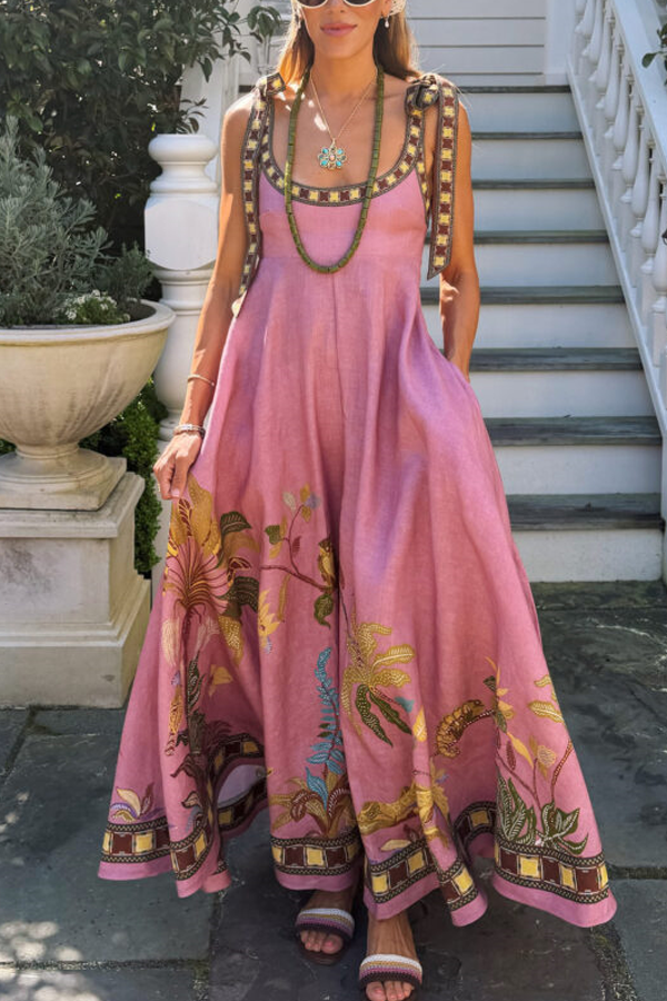 Linen Blend Unique Printed Tie-up Suspenders Pocket Elegant Vacation Maxi Dress
