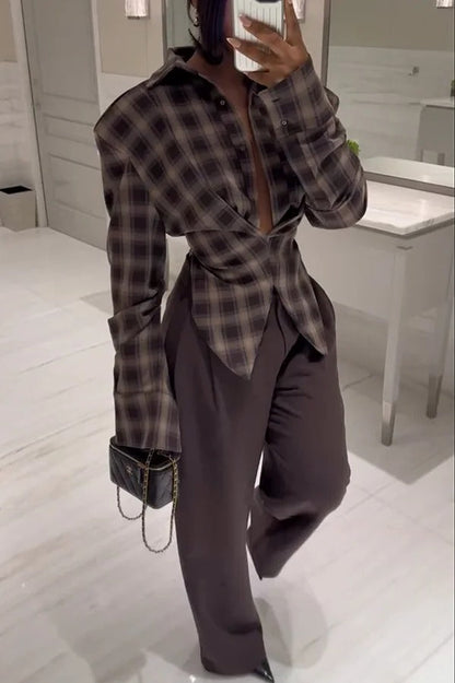 Vintage Plaid Shoulder Pad Buttons Long Sleeve Angled Hem Shirt