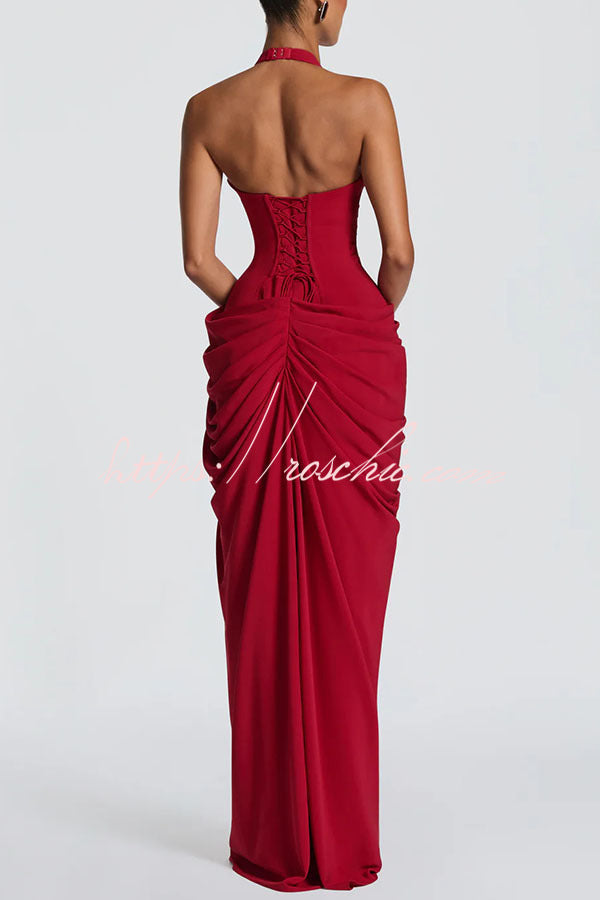 Minette Halter Back Lace-up Asymmetrical Pleats Slit Maxi Dress