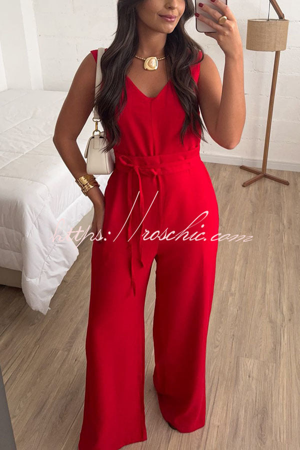 Elaris Linen Blend V-neck Tie-up Waist Pocketed H-line Wide Leg Jumpsuit
