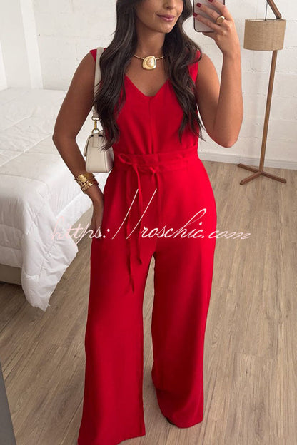 Elaris Linen Blend V-neck Tie-up Waist Pocketed H-line Wide Leg Jumpsuit