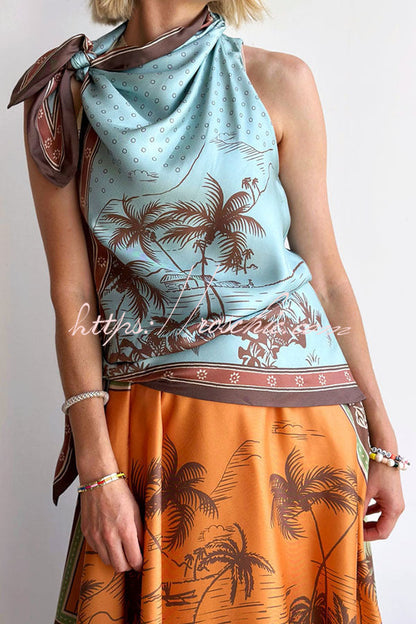 Alberta Satin Unique Color-blocked Print Tie Detail Layered Scarf Midi Dress