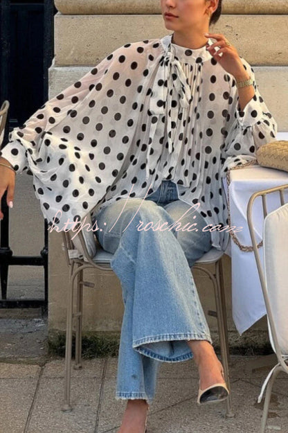 Polka Dot Print Tie-waist Lantern Sleeve Elegant Loose Shirt