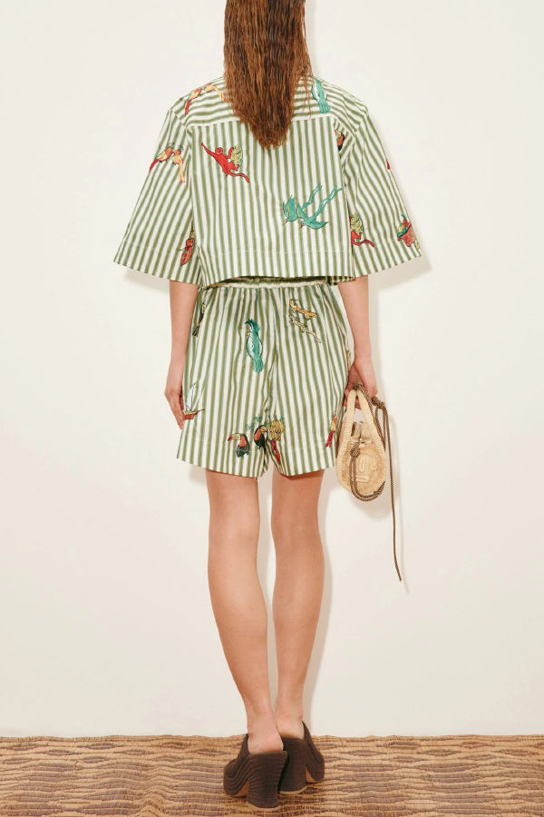 Linen Blend Striped Print Short-sleeved Loose-fitting Shirt and Elastic Waist Drawstring Pocket Casual Shorts Set