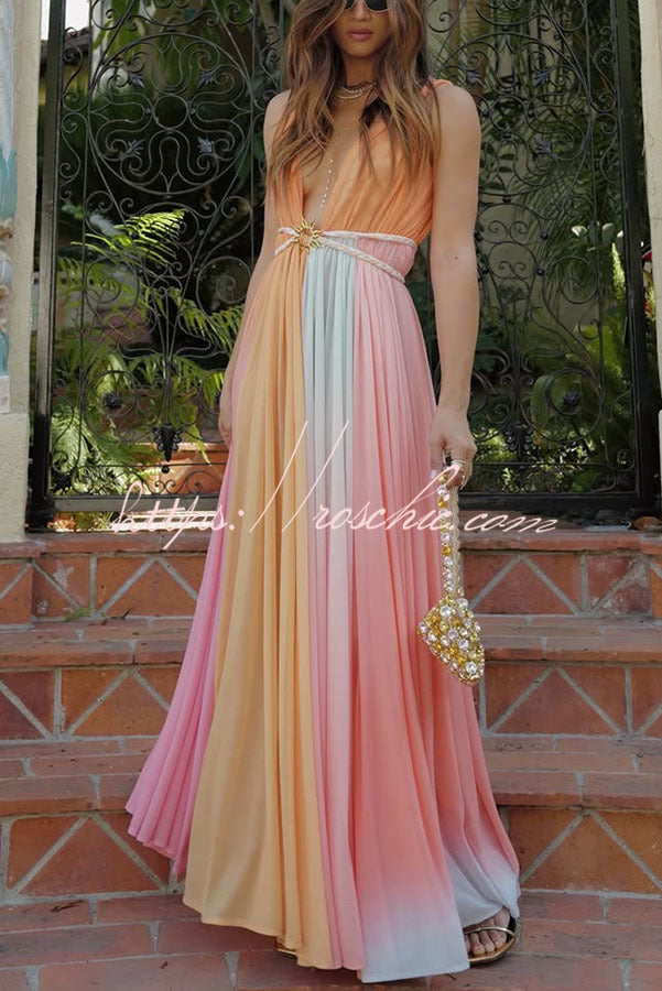 Rainbow Sky Chiffon Ombré Print Metal Decoration Woven Belted Vacation Maxi Dress