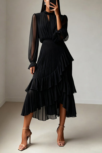 Solid Color Round Neck Long Sleeve Fitted Waist Pleated Ruffle Midi Dress