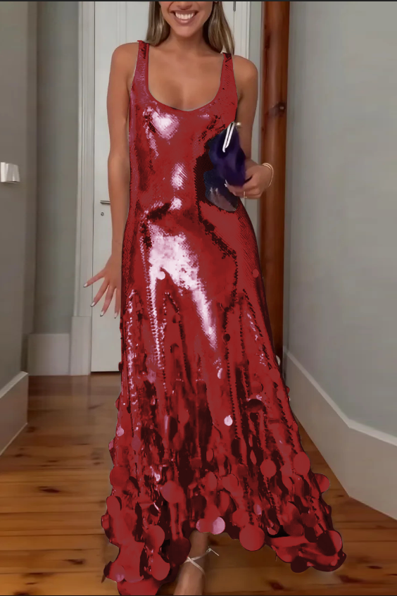 Party Tips Sequin Irregular Round Tassels Hem Back Cutout Tank Maxi Dress (Shipped Within 24 Hours)