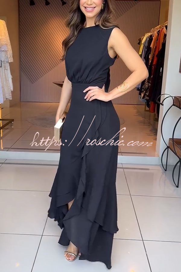 Moon Night Chiffon Crew Neck Sleeveless Irregular Layered Hem Maxi Dress