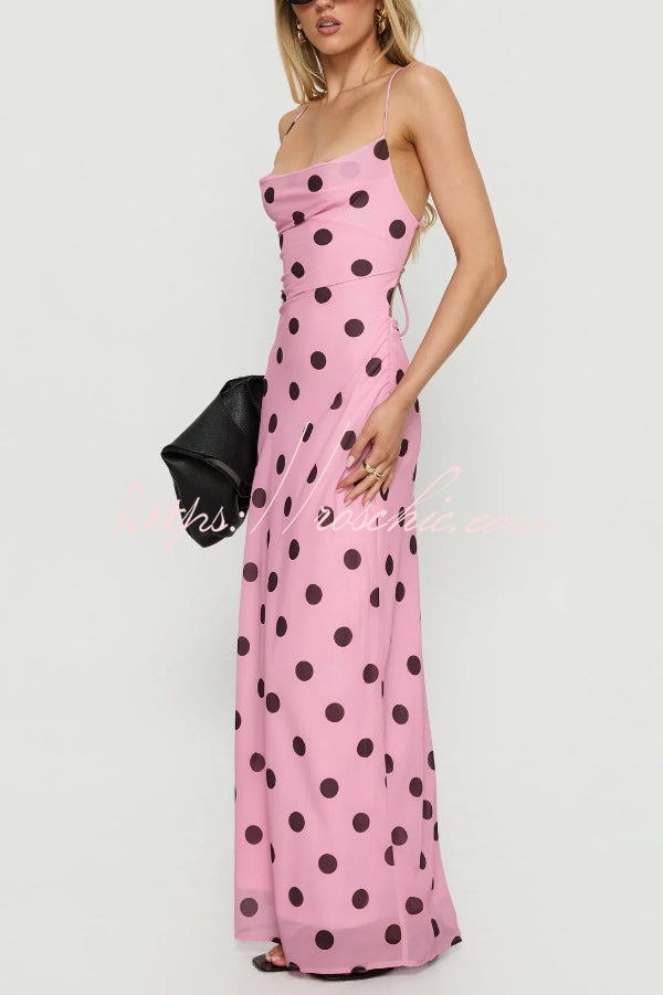 Polka Dot Print Halter Neck Backless Tie Elegant Slim-fit Maxi Dress