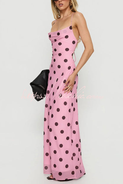 Polka Dot Print Halter Neck Backless Tie Elegant Slim-fit Maxi Dress