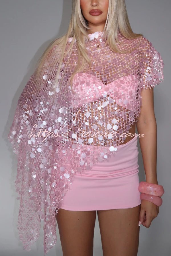 Fashionable Openwork Sequined Asymmetrical Loose-fitting Resort Cover-up