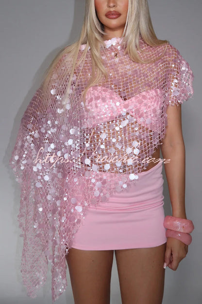 Fashionable Openwork Sequined Asymmetrical Loose-fitting Resort Cover-up