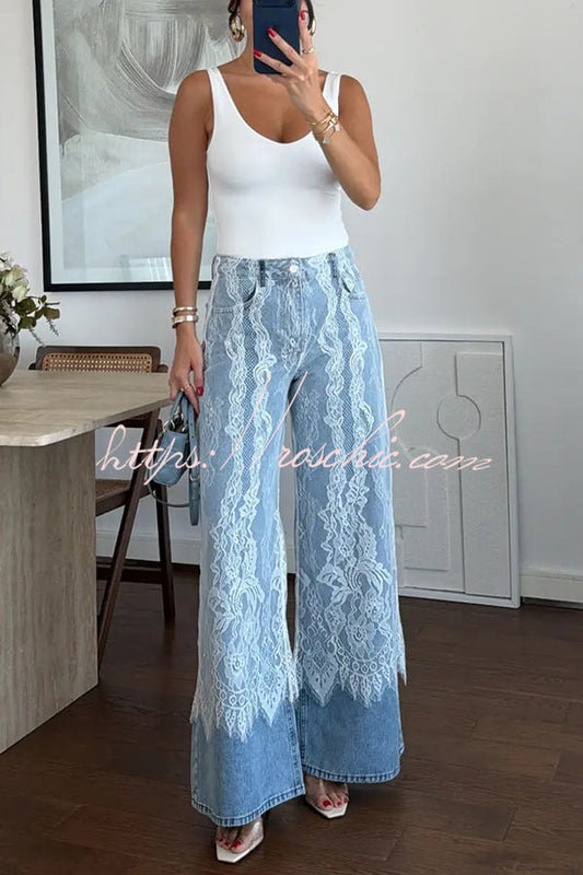 Leina Denim Lace Detail Patchwork High Rise Pocket Wide Leg Jeans