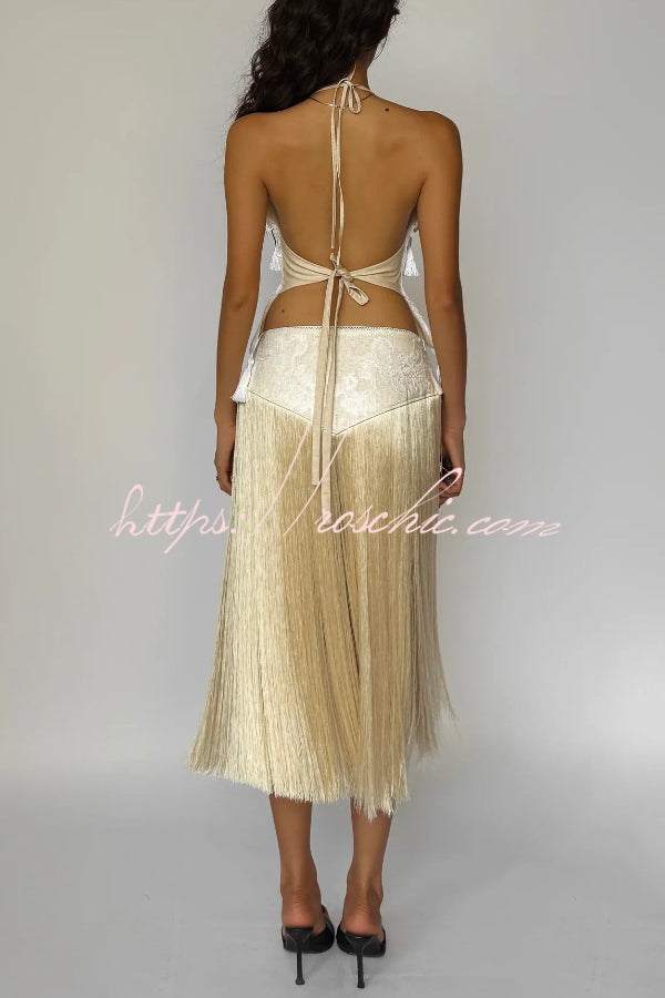 Fashionable Lace Appliqu¨¦ Tassel Hem Vacation Maxi Skirt