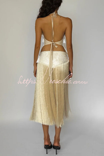 Fashionable Lace Appliqu¨¦ Tassel Hem Vacation Maxi Skirt