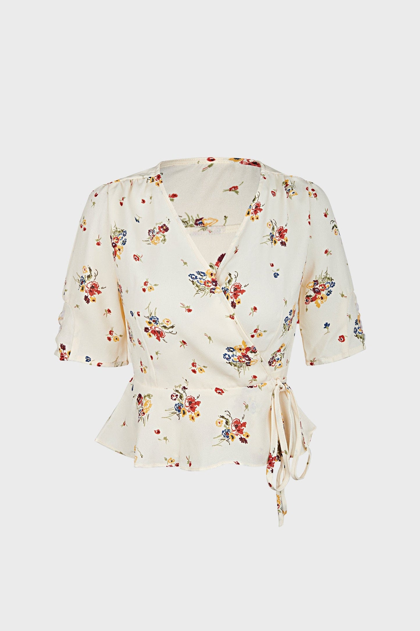 Ivory Floral Print Surplice V-Neck Tie Detail Blouse