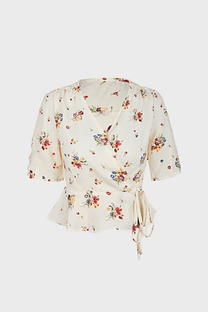 Ivory Floral Print Surplice V-Neck Tie Detail Blouse