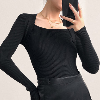 Black Ribbed Knit Square Neck Sweater