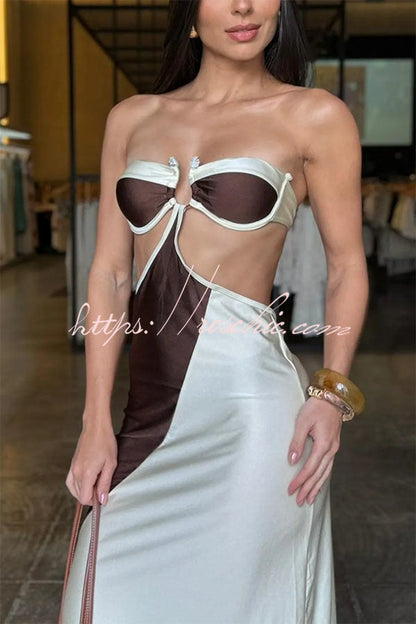 Colorblock U-Hardware Detail Straps Elastic Bikini and Cover-up Maxi Dress Three-piece Set