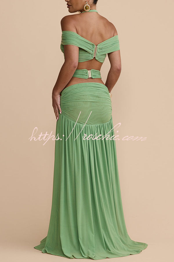 Martina Stretch Mesh Gold Metal Detail Gathered Cutout Waist Vacation Maxi Skirt