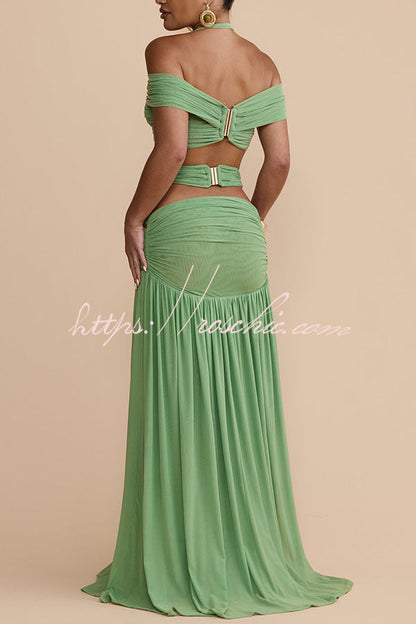 Martina Stretch Mesh Gold Metal Detail Gathered Cutout Waist Vacation Maxi Skirt