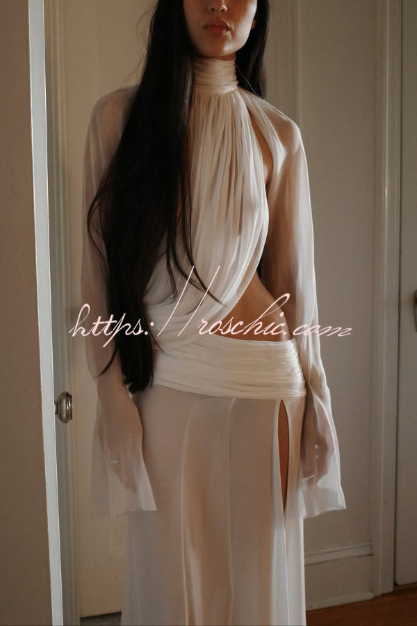 Sexy See-through High-neck Long-sleeved Draped Top and High-waisted Slit Maxi Skirt Vacation Set