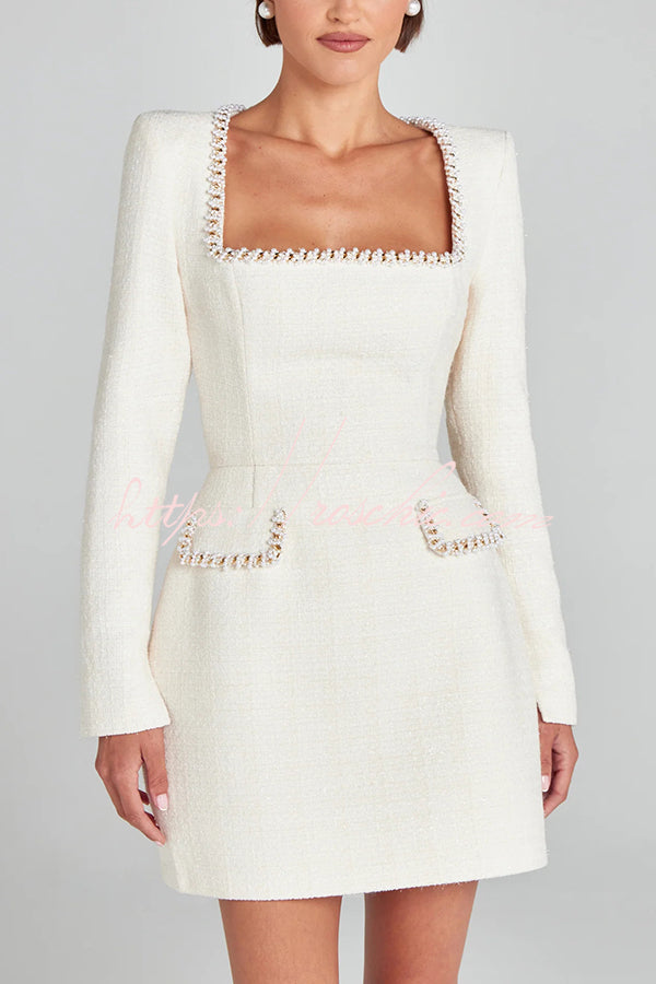 Girly and Glamorous Tweed Fabric Pearl Trim Long Slit Sleeve Pocketed Mini Dress (Shipped Within 24 Hours)
