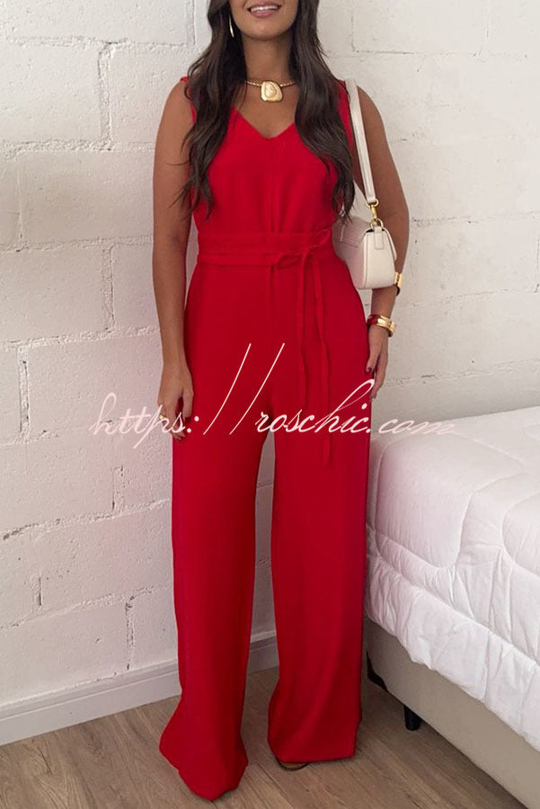 Elaris Linen Blend V-neck Tie-up Waist Pocketed H-line Wide Leg Jumpsuit