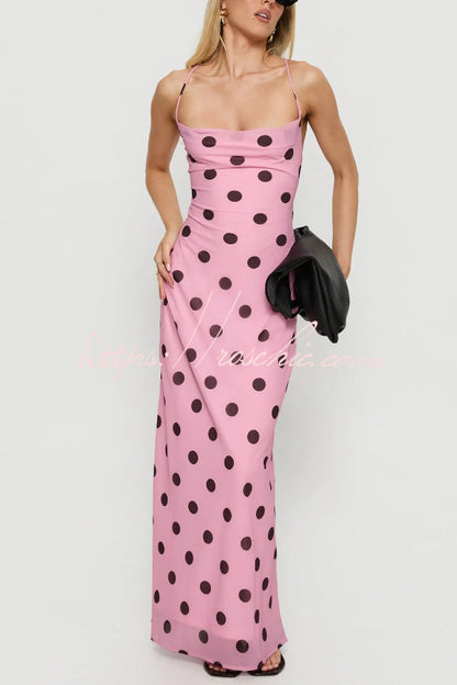Polka Dot Print Halter Neck Backless Tie Elegant Slim-fit Maxi Dress