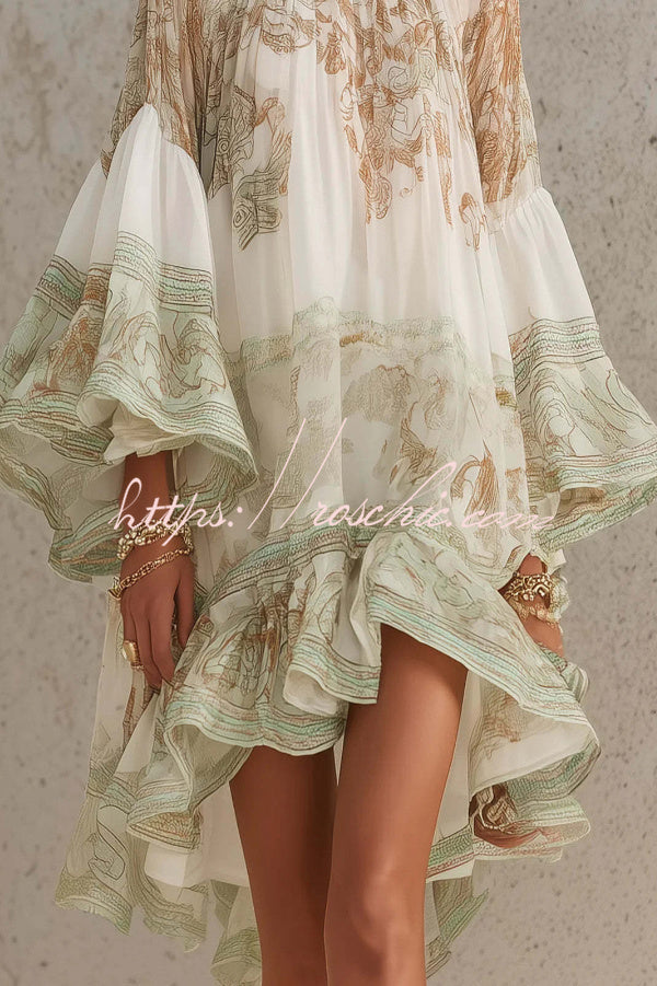 Mini Dress with Flared Sleeves and Printed Ruffles