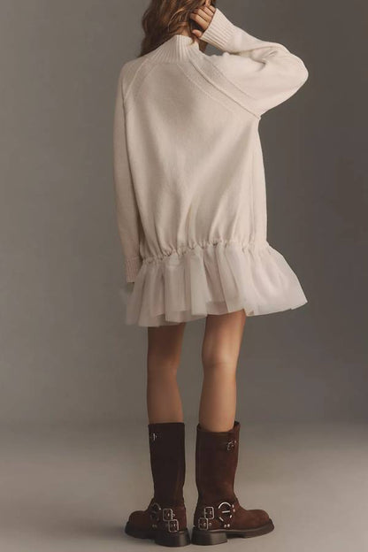 Jean Minimalist Holiday Cutie Knit Long Sleeve Twofer Turtleneck Tulle Mini Dress Premium Wardrobe Essential
