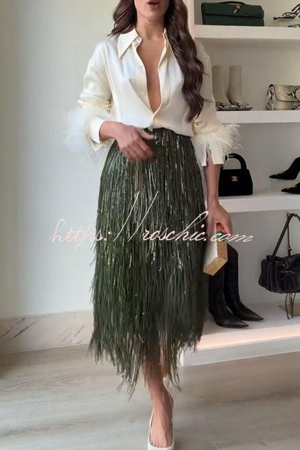Party Crasher Layered Sequined Tassels High Rise Back Zipper Midi Skirt (Shipped Within 24 Hours)