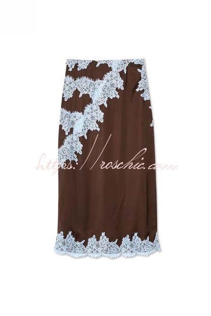 Sunday Social Contrast Color Satin Lace Trim Mid Rise Maxi Skirt (Shipped Within 24 Hours)