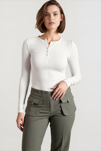 Spring Autumn Knitted Long Sleeve Solid Color Buttons Up Ribbed V-neck Streetwear T-shirts
