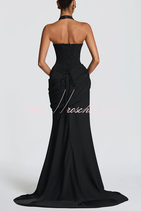 Nehemia Halter V-neck Back Lace-up Asymmetric Pleated Panel Drapes Maxi Dress