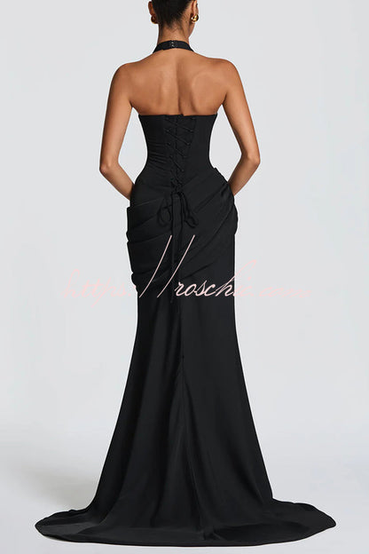 Nehemia Halter V-neck Back Lace-up Asymmetric Pleated Panel Drapes Maxi Dress