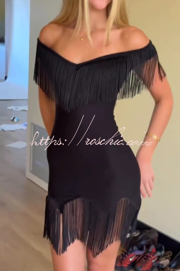 Solid Color V-neck Off-shoulder Slim-fit Tassel Mini Dress