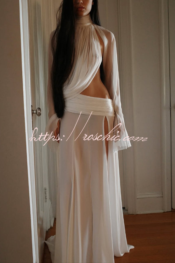 Sexy See-through High-neck Long-sleeved Draped Top and High-waisted Slit Maxi Skirt Vacation Set