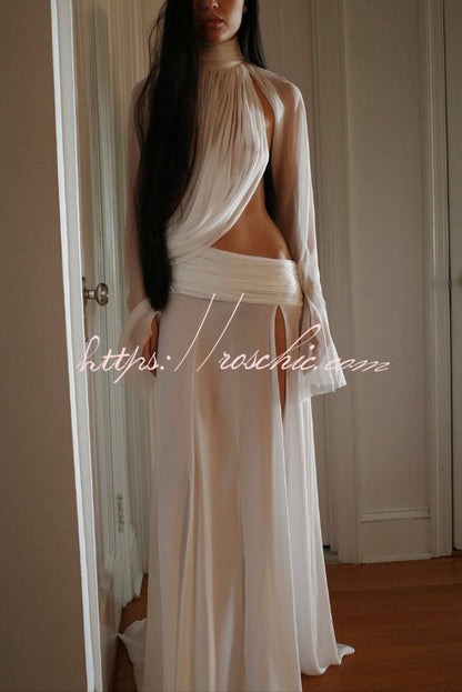 Sexy See-through High-neck Long-sleeved Draped Top and High-waisted Slit Maxi Skirt Vacation Set