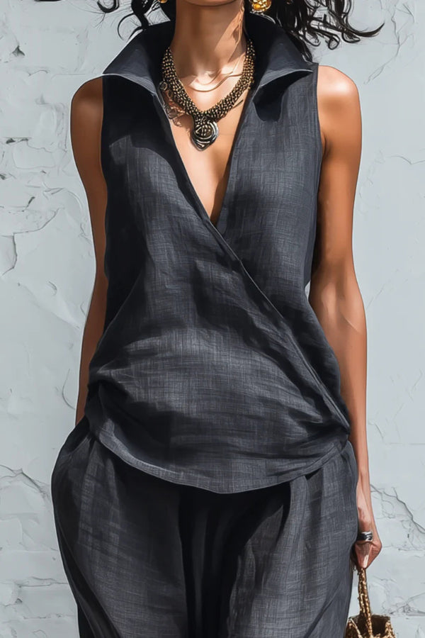 Linen Blend Collared Sleeveless Loose-fitting Top and Elastic Waist Pocket Casual Pants Set