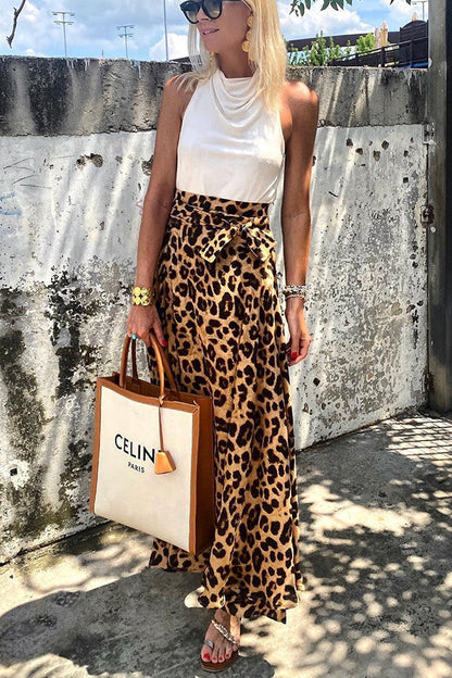 Today__ Journey Satin Leopard Tie Front Elastic Waist Midi Skirt