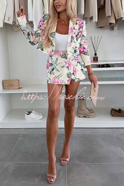 Picture Perfect Botanical Floral Print Long Sleeve Lapel Crop Blazer