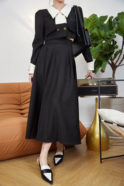 Black High-Waisted A Line Midi Skirt