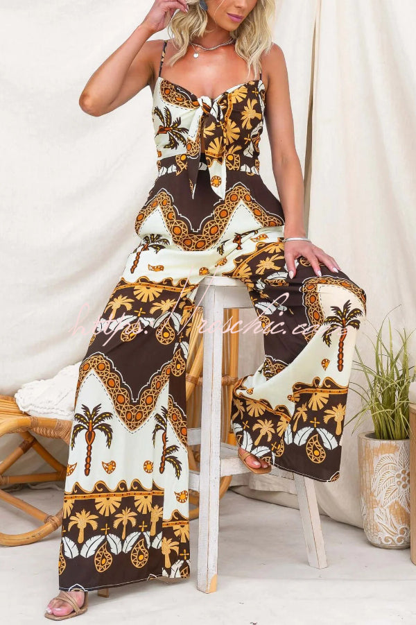 Unique Print Casual Spaghetti Strap High Waist Resort Loose Wide Leg Jumpsuit