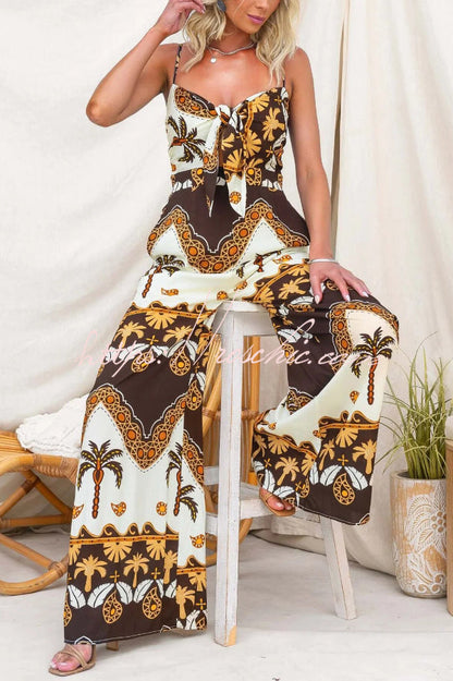 Unique Print Casual Spaghetti Strap High Waist Resort Loose Wide Leg Jumpsuit