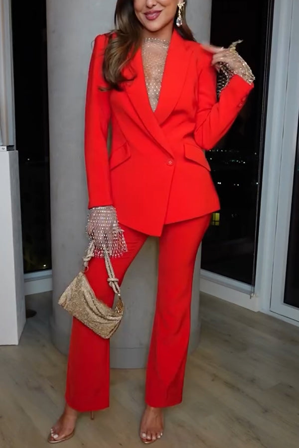 Luxe Lifestyle Single Button Lapel Blazer and Elastic Waist Pocketed Straight Suit Pants Set(Shipped Within 24 Hours)